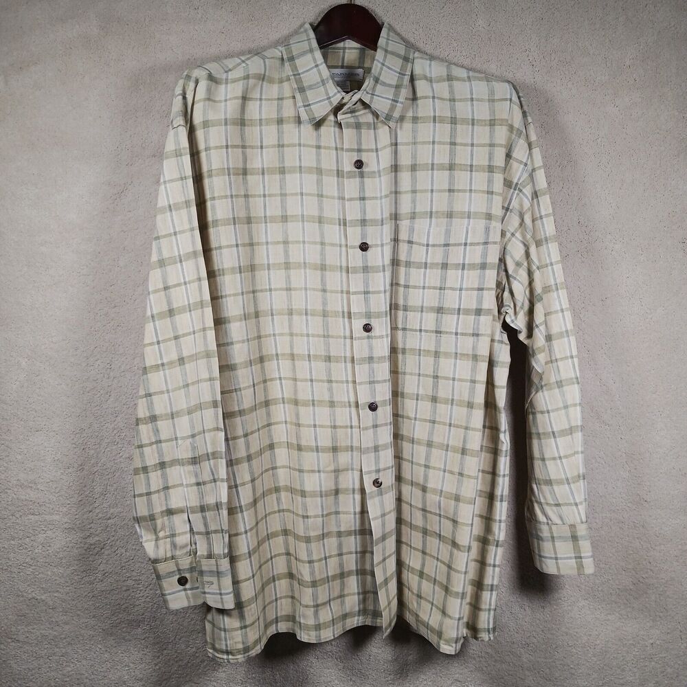 J J Farmer Dress Shirt Mens L 100% EUROPEAN Linen Button Down Yellow & Green